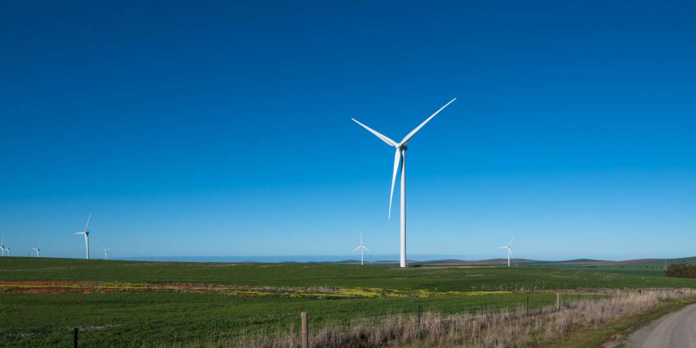 Wind farm with clear blue sky
