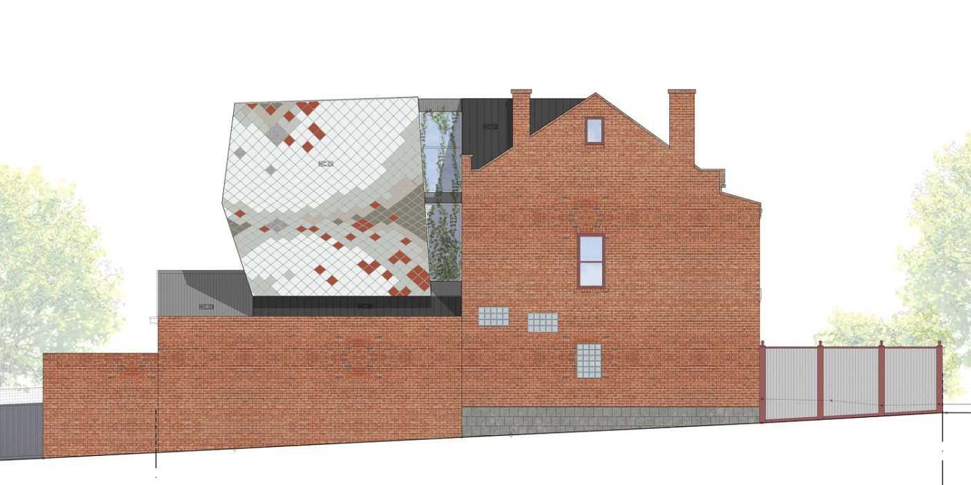 Side elevation render of a brick building